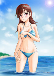 Rule 34 | 1girl, absurdres, bikini, blue bikini, blue sky, blurry, breasts, brown eyes, brown hair, cleavage, cloud, commentary request, cowboy shot, day, depth of field, highres, kantai collection, long hair, looking at viewer, medium breasts, ocean, ooi (kancolle), outdoors, sky, skypixter, soaking feet, solo, standing, striped bikini, striped bikini top, striped clothes, sun, swimsuit, wading, water