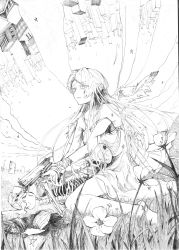 Rule 34 | 1girl, bandaged arm, bandages, bare shoulders, barefoot, bayonet, breasts, city, cloud, cluseller, eyes visible through hair, feathered wings, female focus, fisheye, flower, grass, greyscale, gun, handgun, highres, holding, holding gun, holding weapon, long hair, monochrome, off shoulder, on ground, original, outdoors, own hands together, sitting, skeleton, skull, sky, small breasts, solo, spaghetti strap, star (symbol), strap slip, traditional media, two-handed, very long hair, wariza, weapon, wings