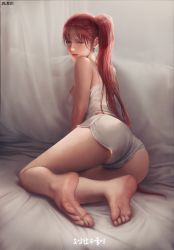 Rule 34 | 1girl, ass, bare legs, bare shoulders, barefoot, bed sheet, bra, breasts, character request, commission, feet, foot focus, foreshortening, highres, jagercoke, long hair, looking at viewer, looking back, mabinogi, mabinogi heroes, medium breasts, mole, mole on arm, mole on crotch, mole on leg, ponytail, purple eyes, red hair, soles, solo, tank top, thighs, toes, underwear, underwear only