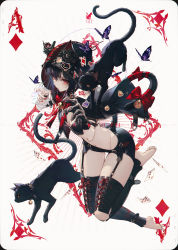Rule 34 | 1girl, ace (playing card), ace of diamonds, alice in wonderland, animal ears, barefoot, bell, black cat, black hair, breasts, bug, butterfly, card, card (medium), cat, cat ears, cat girl, cat tail, character name, cleavage, commentary, diamond (shape), ears through headwear, feet, fingernails, full body, garter straps, hair between eyes, has bad revision, has downscaled revision, highres, hood, hood up, insect, looking at viewer, md5 mismatch, medium breasts, nail polish, navel, original, playing card, red eyes, resolution mismatch, revision, ribbon, simple background, solo, source smaller, tail, tail bell, tail ornament, tail ribbon, thigh gap, wanke