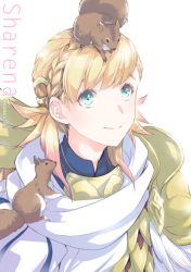 Rule 34 | 1girl, animal, animal on head, armor, blonde hair, braid, character name, closed mouth, crown braid, fire emblem, fire emblem heroes, gradient hair, green eyes, long hair, multicolored hair, nintendo, on head, pink hair, qumaoto, scale armor, sharena (fire emblem), simple background, smile, squirrel, twitter username, upper body, white background