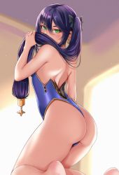 Rule 34 | 1girl, absurdres, ass, bare shoulders, blush, bow, breasts, earrings, genshin impact, green eyes, hair bow, hair ornament, highres, jewelry, kneeling, leotard, long hair, looking at viewer, mona (genshin impact), purple hair, ryudraw, sideboob, solo, twintails, very long hair