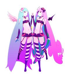 Rule 34 | 10s, 2girls, angel wings, bat wings, belt bra, blue eyes, blue hair, blunt bangs, breasts, choker, conception: ore no kodomo wo undekure!, elbow gloves, eyepatch, fingerless gloves, full body, gloves, gradient hair, green hair, heart, highres, holding hands, lillie (conception), lillith (conception), long hair, looking at another, multicolored hair, multiple girls, navel, official art, ootsuka shin&#039;ichirou, open fly, pink hair, red eyes, short shorts, shorts, small breasts, suspenders, suspenders slip, thighhighs, transparent background, underboob, very long hair, white background, wings