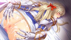 Rule 34 | 1girl, aftersex, anus, armor, ass, blonde hair, bukkake, censored, chijoku no onna kishi, closed eyes, cum, cum on ass, female focus, game cg, gradient background, lune (company), mildred von lislstadt, pussy, solo