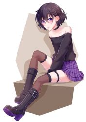 Rule 34 | 1girl, bare shoulders, black sweater, boots, braid, brown hair, closed mouth, earrings, french braid, jewelry, levana violette (lusan666), long sleeves, lusan666, off shoulder, original, purple eyes, purple skirt, short hair, skirt, solo, sweater, thighhighs