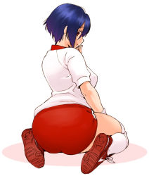 Rule 34 | 1girl, blue hair, buruma, from behind, full body, gym uniform, hand to own mouth, jinroku, looking back, original, short hair, simple background, sitting, solo, white background, white legwear