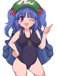 Rule 34 | 1girl, ;d, absurdres, bad id, bad pixiv id, black one-piece swimsuit, blue eyes, blue hair, breasts, cleavage, cowboy shot, flat cap, green hat, hair bobbles, hair ornament, hand on own hip, hat, highres, index finger raised, jewelry, kawashiro nitori, key, looking at viewer, medium breasts, mugi (mugimugi 9kv), one-piece swimsuit, one eye closed, open mouth, pendant, school swimsuit, simple background, smile, solo, standing, swimsuit, touhou, two side up, white background