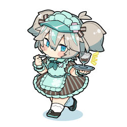 Rule 34 | 1girl, akichi 360, alternate costume, antenna hair, apron, black footwear, blue apron, blue eyes, blue hair, blue ribbon, blush, brown dress, chibi, collared dress, dress, eating, frilled wrist cuffs, frills, full body, highres, holding, holding spoon, holding tray, indie virtual youtuber, kasukabe tsukushi, looking at viewer, mary janes, multicolored hair, neck ribbon, nervous sweating, notice lines, parfait, pinstripe dress, pinstripe pattern, ribbon, shoes, short twintails, simple background, socks, solo, spoon, streaked hair, sweat, tray, twintails, utensil in mouth, virtual youtuber, visor cap, waitress, walking, white background, white socks, wrist cuffs