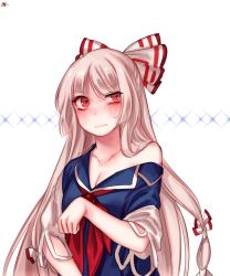 Rule 34 | 1girl, bad id, bad twitter id, blush, bow, breasts, cleavage, collarbone, cosplay, dress, fujiwara no mokou, hair bow, hair ribbon, highres, kamishirasawa keine, kamishirasawa keine (cosplay), long hair, off shoulder, oversized clothes, red eyes, ribbon, solo, sweat, tis (shan0x0shan), touhou, white hair