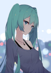 Rule 34 | 1girl, absurdres, aqua eyes, aqua hair, bare shoulders, blue shirt, blurry, breasts, cross, cross necklace, hair between eyes, hatsune miku, head tilt, highres, inverted cross, jewelry, long hair, long sleeves, looking away, mouth hold, necklace, off shoulder, shirt, side ponytail, small breasts, smile, solo, twintails, upper body, very long hair, vocaloid, zhayin-san