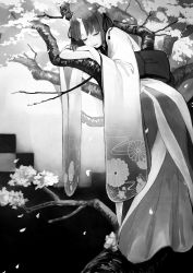 Rule 34 | 1girl, branch, cherry blossoms, closed eyes, closed mouth, floral print, greyscale, hair ribbon, highres, horns, japanese clothes, kimono, long sleeves, monochrome, obi, oni, oni horns, original, parted bangs, ribbon, romiy, sash, short hair, single horn, sleeping, smile, solo, wide sleeves