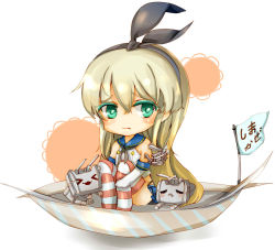 Rule 34 | 10s, 1girl, anchor, anchor hair ornament, bare shoulders, blonde hair, blush, blush stickers, boat, chibi, colored eyelashes, elbow gloves, eyelashes, flag, gloves, green eyes, hair ornament, hairband, hugging own legs, kantai collection, long hair, machinery, nakaikane, rensouhou-chan, sad, sailor collar, school uniform, shimakaze (kancolle), simple background, sitting, skirt, solo, striped clothes, striped thighhighs, thighhighs, turret, watercraft, white background