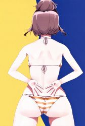 Rule 34 | 1girl, absurdres, arms behind back, ass, bare arms, bare shoulders, bikini, brown hair, fingernails, from behind, halterneck, harukana receive, highres, legs apart, long hair, nyoijizai, official art, scan, shiny skin, simple background, solo, string bikini, striped, swimsuit, thighs