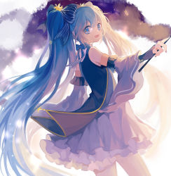 Rule 34 | 1girl, absurdres, aqua hair, blue eyes, detached sleeves, dress, fingerless gloves, from side, gloves, hatsune miku, highres, long hair, looking at viewer, nail polish, open mouth, solo, twintails, very long hair, vocaloid, wand, yuki miku
