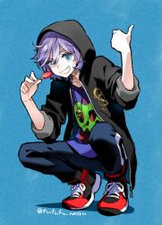 Rule 34 | &gt;:), 1boy, androgynous, blue eyes, candy, epel felmier, food, full body, funuyu, gesture, highres, lollipop, looking at viewer, pale skin, pointing, pointing to the side, purple hair, shoes, smirk, sneakers, squatting, twisted wonderland, v-shaped eyebrows