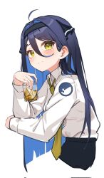 Rule 34 | 1girl, ahoge, arm rest, black hairband, black ribbon, black skirt, blue hair, blush, closed mouth, collared shirt, colored inner hair, commentary request, company logo, cropped torso, cup, detached ahoge, drink, firehippo, from side, gangzi (vtuber), hair between eyes, hair intakes, hair ribbon, hairband, hand up, highres, holding, holding cup, holding drink, ice, long hair, long sleeves, looking at viewer, looking to the side, loose necktie, multicolored hair, necktie, ribbon, shirt, shirt tucked in, sideways glance, simple background, skirt, solo, stellive, thick eyebrows, turning head, very long hair, virtual youtuber, white background, white shirt, yellow eyes, yellow necktie