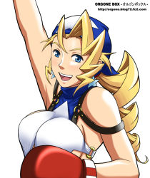 Rule 34 | 1girl, bandana, blonde hair, blue eyes, boxing gloves, breasts, drill hair, earrings, jewelry, justice gakuen, large breasts, long hair, shiritsu justice gakuen, simple background, smile, solo, tiffany lords, white background, yas