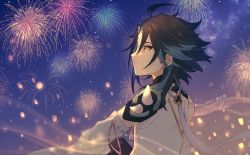 Rule 34 | 1boy, ahoge, arm tattoo, bead necklace, beads, black hair, blue hair, closed mouth, dated, facial mark, fireworks, forehead mark, from side, genshin impact, jewelry, lantern, male focus, multicolored hair, necklace, night, outdoors, profile, signature, sky, solo, tamamura (tmmr5), tassel, tattoo, xiao (genshin impact), yellow eyes