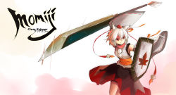 Rule 34 | 1girl, absurdres, animal ears, artist name, character name, clear echoes, detached sleeves, female focus, hat, highres, inubashiri momiji, obi, pom pom (clothes), red eyes, sash, shield, short hair, solo, sword, tassel, tokin hat, touhou, weapon, white hair, wolf ears
