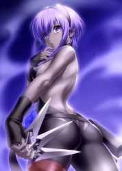 Rule 34 | 1girl, ass, back, backless outfit, bare shoulders, belt, between fingers, black gloves, black hairband, black leotard, blush, breasts, butt crack, dark-skinned female, dark skin, fate/prototype, fate/prototype: fragments of blue and silver, fate (series), fingerless gloves, flower, gloves, hair between eyes, hairband, hassan of serenity (fate), hip focus, holding, kunai, leggings, leotard, looking at viewer, looking to the side, open mouth, parted lips, purple eyes, purple hair, short hair, small breasts, solo, thigh strap, thighs, weapon, zen