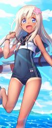 Rule 34 | 10s, 1girl, :d, blue eyes, covered navel, flower, hair flower, hair ornament, kantai collection, long hair, ocean, one-piece tan, open mouth, ro-500 (kancolle), school swimsuit, school uniform, smile, solo, swimsuit, swimsuit under clothes, tan, tanline, wedo, white hair