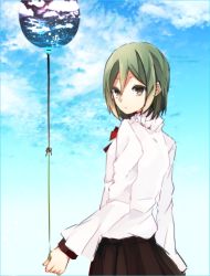 Rule 34 | 1girl, :/, bad id, bad pixiv id, balloon, brown eyes, green hair, holding, kagerou project, kido tsubomi, looking at viewer, looking back, nanase09rr, pleated skirt, short hair, sketch, skirt, solo