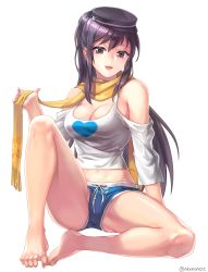 Rule 34 | 00s, 1girl, :d, aken, bare shoulders, barefoot, black eyes, black hair, breasts, cleavage, dungeon and fighter, feet, fighter (dungeon and fighter), full body, hat, highres, knee up, long hair, navel, open mouth, scarf, short shorts, shorts, simple background, sitting, smile, solo, white background