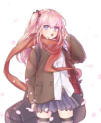 Rule 34 | 1girl, absurdres, bag, blue eyes, blue skirt, blush, brown jacket, cherry blossoms, girls&#039; frontline, grey thighhighs, highres, ice s s z, jacket, long hair, long sleeves, looking at viewer, one side up, open clothes, open jacket, open mouth, petals, pink hair, pleated skirt, red scarf, scarf, shirt, simple background, skirt, solo, st ar-15 (girls&#039; frontline), st ar-15 (literary girl) (girls&#039; frontline), thighhighs, white background, white shirt