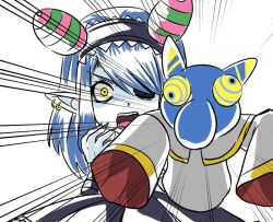Rule 34 | appmon, big nose, blue hair, chameleon, crazy eyes, digimon, dress, hyness, kirby: star allies, kirby (series), long hair, long sleeves, mienumon, nintendo, one eye covered, open mouth, puppet, tiara, tunic, yellow eyes