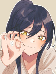 Rule 34 | 1girl, black hair, blush, cheek bulge, hair between eyes, highres, idolmaster, idolmaster shiny colors, light smile, looking at viewer, ok sign, ok sign over cheek, outline, paddy field, ponytail, portrait, shirase sakuya, sidelocks, simple background, solo, white outline, yellow eyes