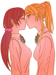 Rule 34 | 10s, 2girls, ayase eli, blonde hair, blush, bow, bowtie, couple, closed eyes, fio88, from side, green bow, high ponytail, highres, imminent kiss, long hair, love live!, love live! school idol project, low ponytail, multiple girls, profile, red hair, school uniform, shirt, tojo nozomi, white background, white shirt, yuri