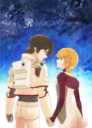 Rule 34 | 1boy, 1girl, audrey burne, banagher links, brown eyes, brown hair, eye contact, green eyes, gundam, gundam unicorn, holding hands, hetero, looking at another, nochini, orange hair, pilot suit, profile