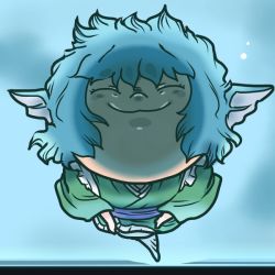 Rule 34 | :3, against glass, blue hair, closed eyes, fins, head fins, japanese clothes, kimono, mermaid, monster girl, onikobe rin, short hair, smile, solo, touhou, wakasagihime, water