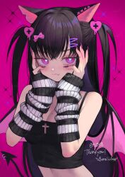 Rule 34 | 1girl, :3, absurdres, animal ears, arm warmers, bare shoulders, bat wings, black hair, black nails, blush, bow, breasts, bright pupils, cat ears, cleavage, closed mouth, cross, demon tail, eyebrows hidden by hair, eyelashes, fang, fang out, fingernails, hair between eyes, hair bow, hair ornament, hairpin, half-closed eyes, hands on own face, hands up, heart, heart-shaped pupils, highres, latin cross, long hair, looking at viewer, low wings, medium breasts, midriff, nail art, nail polish, navel, nelta rene, original, piercing, pink bow, purple background, purple eyes, sharp fingernails, simple background, sleeves past wrists, solo, symbol-shaped pupils, tail, tail ornament, tail piercing, two side up, upper body, very long hair, wings