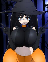 Rule 34 | 1girl, ass, black hair, breasts, curvy, glasses, hat, highres, huge ass, huge breasts, large breasts, long hair, open mouth, orange eyes, orange pants, original, pants, penis shadow, solo, tight clothes, wide hips, witch, witch hat, zonen404