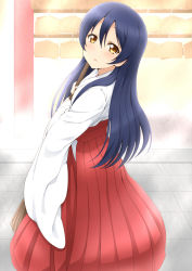 Rule 34 | 1girl, blue hair, blush, commentary request, from side, hakama, hakama skirt, jampen, japanese clothes, long hair, long sleeves, looking at viewer, love live!, love live! school idol festival, love live! school idol project, miko, open mouth, red hakama, skirt, solo, sonoda umi, wide sleeves, yellow eyes