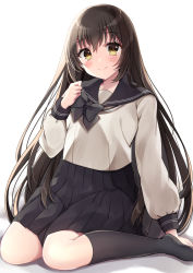 Rule 34 | 1girl, bad id, bad pixiv id, black socks, black sailor collar, black skirt, blush, brown eyes, brown hair, closed mouth, commentary, head tilt, highres, kneehighs, long hair, long sleeves, looking at viewer, minami saki, no shoes, original, pleated skirt, puffy long sleeves, puffy sleeves, sailor collar, shadow, shirt, sitting, skirt, smile, socks, solo, symbol-only commentary, very long hair, wariza, white background, white shirt