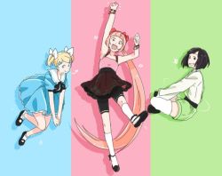 Rule 34 | 3girls, absurdly long hair, arm up, blonde hair, blue dress, blue eyes, bob cut, bow, brown eyes, color connection, dress, floating, flower, green shorts, grin, hair bow, hair ornament, hairclip, heart, indian style, kagamine rin, kneehighs, long hair, looking at viewer, mary janes, multicolored background, multiple girls, nekomura iroha, pink eyes, pink hair, ponytail, powerpuff girls, shoes, short hair, short twintails, shorts, shorts under skirt, simple background, sitting, skirt, smile, socks, star (symbol), thighhighs, tod-mugi, twintails, very long hair, vocaloid, white legwear, yumemi nemu