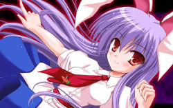 Rule 34 | 1girl, animal ears, blush stickers, breasts, rabbit ears, buttons, carrot, dress shirt, dutch angle, female focus, index finger raised, long hair, looking at viewer, outstretched arm, purple background, purple hair, red eyes, reisen udongein inaba, shirt, short sleeves, smile, solo, tie clip, touhou, very long hair, wind, yamu (reverse noise)