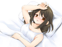 Rule 34 | 1girl, alternate costume, black hair, blush, breasts, brown eyes, brown hair, cleavage, female focus, hand on own head, looking at viewer, lying, marugoshi (54burger), no headwear, no headwear, open mouth, pillow, shameimaru aya, solo, sweat, tank top, touhou, under covers