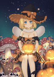 Rule 34 | 1girl, bag, bat wings, blonde hair, blue eyes, blush, breasts, candle, candy, cleavage, dress, earrings, food, halloween, hat, highres, hololive, hololive english, jack-o&#039;-lantern, jack-o&#039;-lantern earrings, jewelry, kangbus, lollipop, looking at viewer, mushroom, night, off-shoulder dress, off shoulder, paper bag, skull, smile, solo, takodachi (ninomae ina&#039;nis), virtual youtuber, watson amelia, wings, witch hat