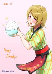 Rule 34 | 1girl, absurdres, artist name, artist request, blush, bowl, brown hair, checkered clothes, checkered kimono, female focus, flower print, green kimono, hair between eyes, highres, holding, holding bowl, japanese clothes, kimono, koizumi hanayo, looking at viewer, love live!, love live! school idol festival, love live! school idol project, mizunoe illust, parted lips, purple eyes, rice bowl, short hair, smile, solo