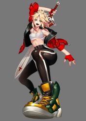 Rule 34 | 1girl, abs, blonde hair, clarent (fate), crop top, fangs, fate (series), fingerless gloves, foreshortening, gloves, green eyes, highres, jacket, leggings, mordred (fate), mordred (fate/apocrypha), rahato, shoes, skin tight, sneakers, sword, toned, weapon