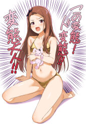 Rule 34 | 1girl, barefoot, bikini, black hairband, breasts, brown eyes, brown hair, collarbone, commentary request, fang, gold bikini, hairband, holding, holding stuffed toy, idolmaster, idolmaster (classic), inu (aerodog), long hair, looking at viewer, minase iori, navel, open mouth, sitting, skin fang, small breasts, soles, solo, stuffed animal, stuffed rabbit, stuffed toy, swimsuit, thighs, toes, translation request, wariza, white background