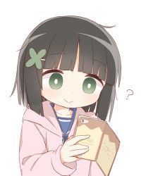 Rule 34 | 1girl, ?, ayanepuna, bar censor, black hair, blue ribbon, blue sailor collar, blunt bangs, cellphone, censored, clover hair ornament, four-leaf clover hair ornament, green eyes, hair ornament, hairclip, holding, holding phone, hood, hood down, hooded jacket, jacket, long sleeves, looking at viewer, neck ribbon, original, phone, pink jacket, ribbon, sailor collar, simple background, solo, text background, upper body, white background, yuune (ayanepuna)