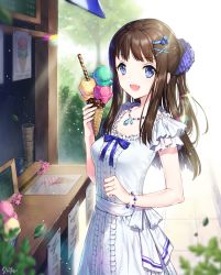 Rule 34 | 1girl, black hair, blue eyes, breasts, commentary request, dress, food, ice cream, jewelry, long hair, looking at viewer, medium breasts, natsu (759aqsw), necklace, open mouth, original, rainbow, smile, solo, standing, summer, sunlight, white dress