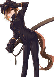Rule 34 | 1girl, absurdres, adjusting clothes, adjusting headwear, black gloves, black hat, black jacket, brown hair, buttons, cheval grand (umamusume), gloves, hair over one eye, hat, highres, horse tail, jacket, leaning to the side, multicolored hair, murderdoll1641, pants, police, police uniform, reverse trap, sheath, sheathed, simple background, solo, sword, tail, two-tone hair, umamusume, uniform, weapon, white background, white hair