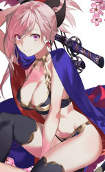 Rule 34 | 1girl, arm up, bare arms, between legs, black bra, black panties, black thighhighs, bra, breasts, cleavage, closed mouth, collarbone, fate/grand order, fate (series), flower, hair ornament, halterneck, large breasts, long hair, looking at viewer, miyamoto musashi (fate), miyamoto musashi (third ascension) (fate), navel, panties, pink flower, pink hair, purple eyes, salmon88, sheath, sheathed, simple background, smile, solo, stomach, sword, thighhighs, thighs, underwear, weapon, white background