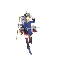 Rule 34 | 1girl, :d, belt pouch, black skirt, blue eyes, blue shirt, blunt bangs, boots, breasts, cannon, full body, gloves, gotland (warship girls r), hat, helmet, machinery, marching band baton, medium breasts, official art, open mouth, pickelhaube, pouch, scabbard, sheath, shirt, skirt, smile, smokestack, solo, sweden, thighhighs, transparent background, turret, uniform, warship girls r, white gloves, zettai ryouiki, zhuo liang