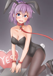 Rule 34 | 1girl, animal ears, anti (untea9), aoba (kancolle), ball and chain restraint, black background, black leotard, black pantyhose, blue eyes, blue scrunchie, bow, bowtie, breasts, collar, covered navel, cuffs, detached collar, embarrassed, fake animal ears, fake tail, gradient background, hair between eyes, handcuffs, highres, kantai collection, kneeling, leotard, medium breasts, messy hair, open mouth, pantyhose, playboy bunny, ponytail, purple hair, rabbit ears, rabbit tail, scrunchie, solo, strapless, strapless leotard, tail, tears, traditional bowtie, wrist cuffs, yes-no pillow